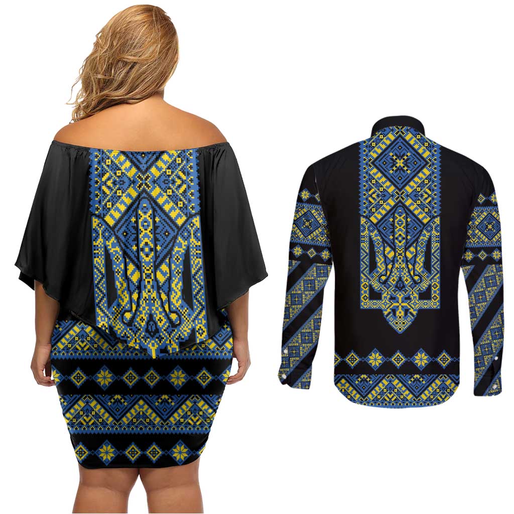 Ukraine Bandura Vyshyvanka Pattern Couples Matching Off Shoulder Short Dress and Long Sleeve Button Shirt Ukrainian Heritage Folk Black Version - Wonder Print Shop