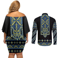 Ukraine Bandura Vyshyvanka Pattern Couples Matching Off Shoulder Short Dress and Long Sleeve Button Shirt Ukrainian Heritage Folk Black Version - Wonder Print Shop