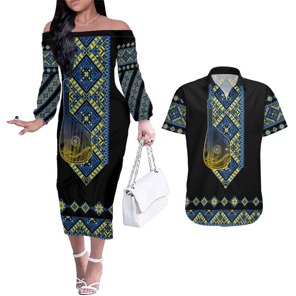 Ukraine Bandura Vyshyvanka Pattern Couples Matching Off The Shoulder Long Sleeve Dress and Hawaiian Shirt Ukrainian Heritage Folk Black Version - Wonder Print Shop