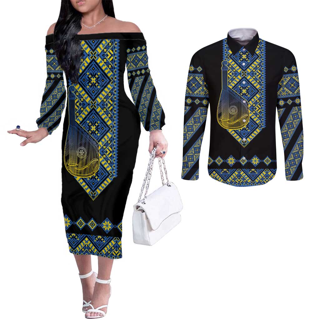 Ukraine Bandura Vyshyvanka Pattern Couples Matching Off The Shoulder Long Sleeve Dress and Long Sleeve Button Shirt Ukrainian Heritage Folk Black Version - Wonder Print Shop