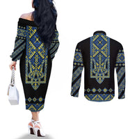 Ukraine Bandura Vyshyvanka Pattern Couples Matching Off The Shoulder Long Sleeve Dress and Long Sleeve Button Shirt Ukrainian Heritage Folk Black Version - Wonder Print Shop