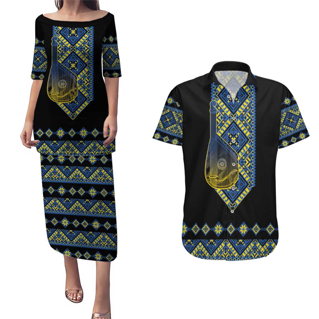Ukraine Bandura Vyshyvanka Pattern Couples Matching Puletasi and Hawaiian Shirt Ukrainian Heritage Folk Black Version - Wonder Print Shop