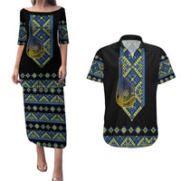 Ukraine Bandura Vyshyvanka Pattern Couples Matching Puletasi and Hawaiian Shirt Ukrainian Heritage Folk Black Version - Wonder Print Shop