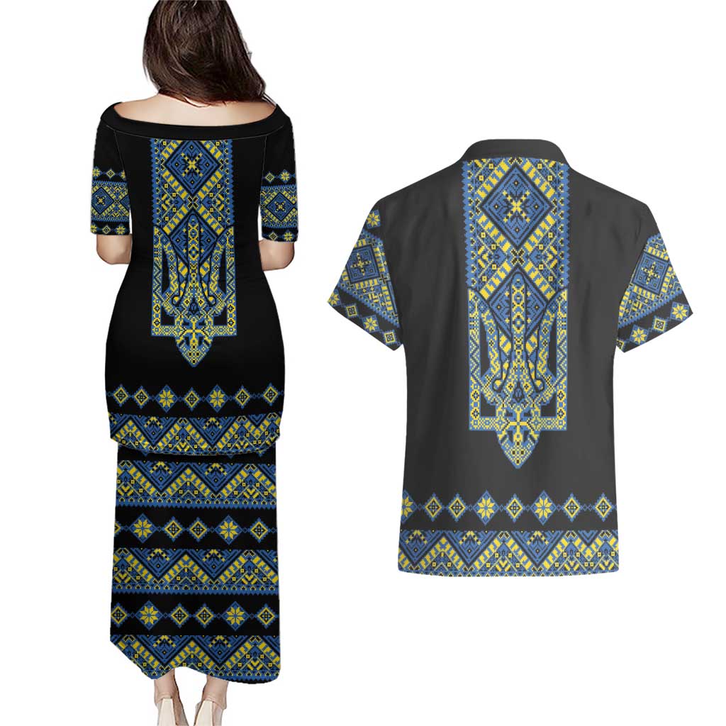 Ukraine Bandura Vyshyvanka Pattern Couples Matching Puletasi and Hawaiian Shirt Ukrainian Heritage Folk Black Version - Wonder Print Shop