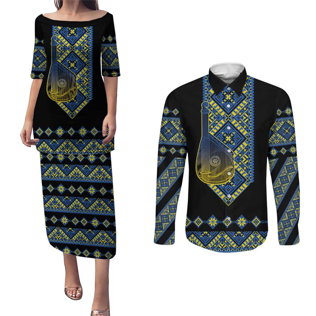 Ukraine Bandura Vyshyvanka Pattern Couples Matching Puletasi and Long Sleeve Button Shirt Ukrainian Heritage Folk Black Version - Wonder Print Shop