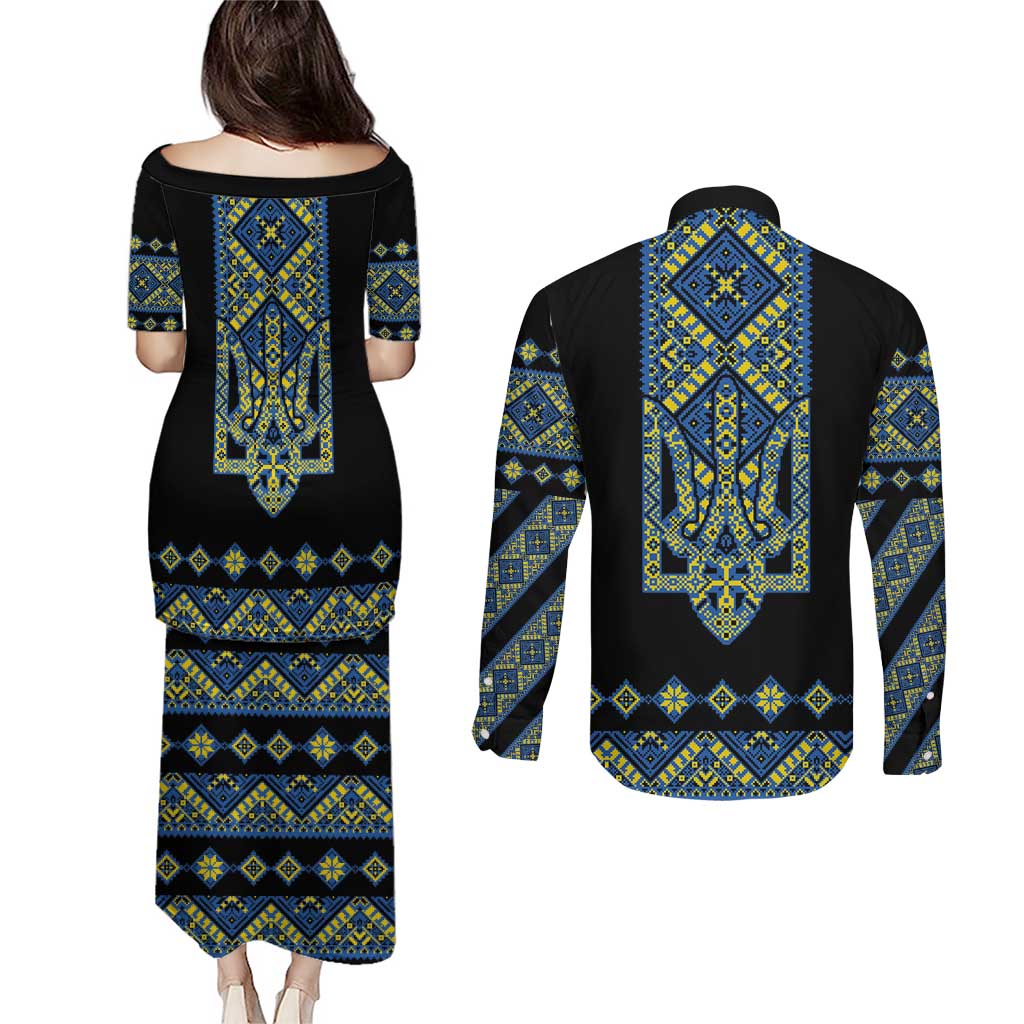 Ukraine Bandura Vyshyvanka Pattern Couples Matching Puletasi and Long Sleeve Button Shirt Ukrainian Heritage Folk Black Version - Wonder Print Shop