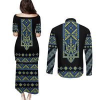 Ukraine Bandura Vyshyvanka Pattern Couples Matching Puletasi and Long Sleeve Button Shirt Ukrainian Heritage Folk Black Version - Wonder Print Shop