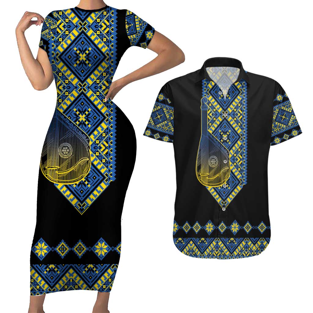 Ukraine Bandura Vyshyvanka Pattern Couples Matching Short Sleeve Bodycon Dress and Hawaiian Shirt Ukrainian Heritage Folk Black Version - Wonder Print Shop