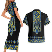 Ukraine Bandura Vyshyvanka Pattern Couples Matching Short Sleeve Bodycon Dress and Hawaiian Shirt Ukrainian Heritage Folk Black Version - Wonder Print Shop