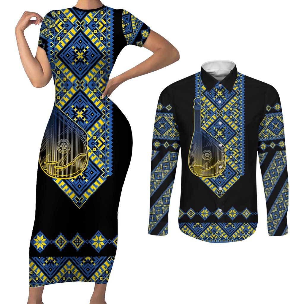 Ukraine Bandura Vyshyvanka Pattern Couples Matching Short Sleeve Bodycon Dress and Long Sleeve Button Shirt Ukrainian Heritage Folk Black Version - Wonder Print Shop