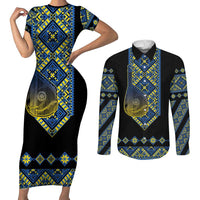 Ukraine Bandura Vyshyvanka Pattern Couples Matching Short Sleeve Bodycon Dress and Long Sleeve Button Shirt Ukrainian Heritage Folk Black Version - Wonder Print Shop
