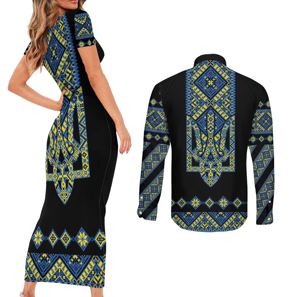 Ukraine Bandura Vyshyvanka Pattern Couples Matching Short Sleeve Bodycon Dress and Long Sleeve Button Shirt Ukrainian Heritage Folk Black Version - Wonder Print Shop