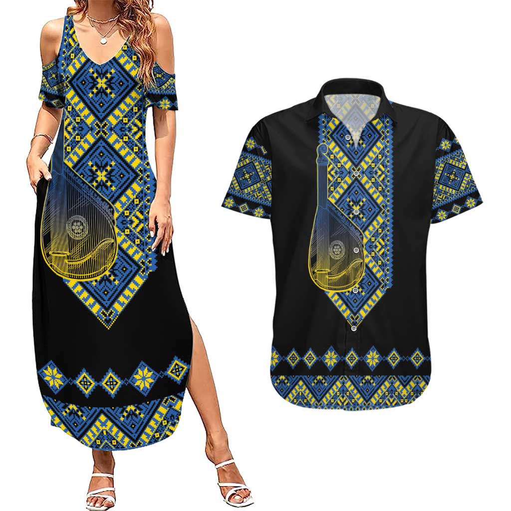 Ukraine Bandura Vyshyvanka Pattern Couples Matching Summer Maxi Dress and Hawaiian Shirt Ukrainian Heritage Folk Black Version - Wonder Print Shop