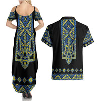 Ukraine Bandura Vyshyvanka Pattern Couples Matching Summer Maxi Dress and Hawaiian Shirt Ukrainian Heritage Folk Black Version - Wonder Print Shop