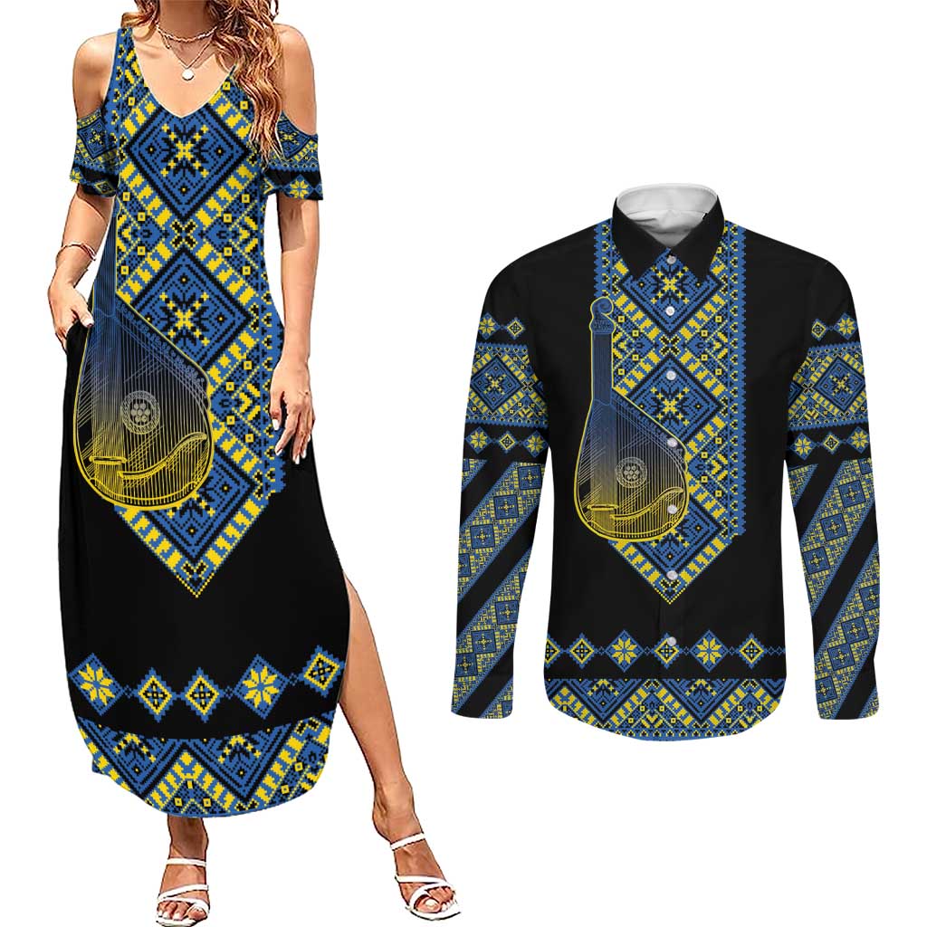 Ukraine Bandura Vyshyvanka Pattern Couples Matching Summer Maxi Dress and Long Sleeve Button Shirt Ukrainian Heritage Folk Black Version - Wonder Print Shop