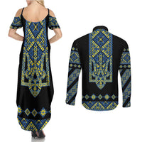 Ukraine Bandura Vyshyvanka Pattern Couples Matching Summer Maxi Dress and Long Sleeve Button Shirt Ukrainian Heritage Folk Black Version - Wonder Print Shop