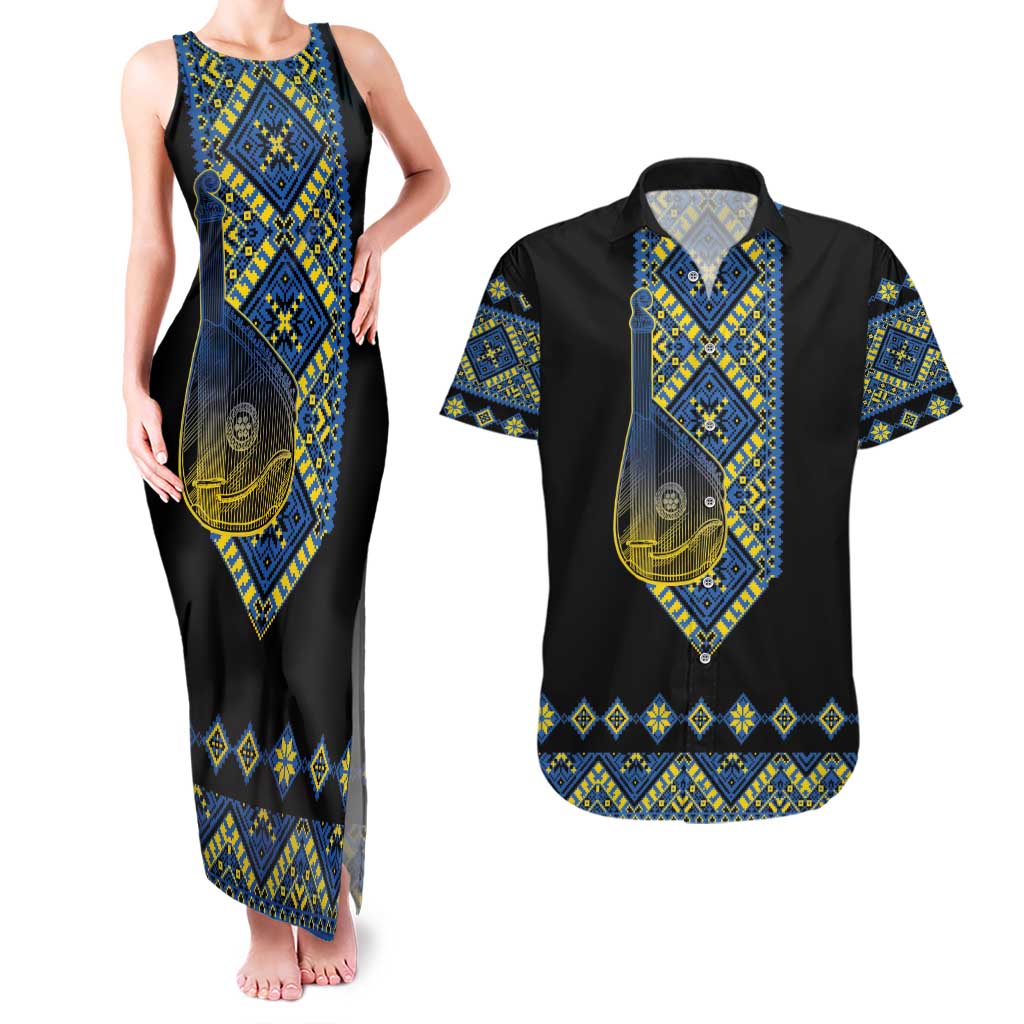 Ukraine Bandura Vyshyvanka Pattern Couples Matching Tank Maxi Dress and Hawaiian Shirt Ukrainian Heritage Folk Black Version - Wonder Print Shop