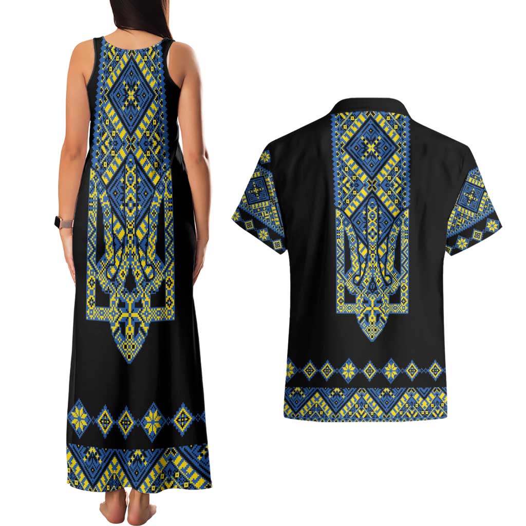 Ukraine Bandura Vyshyvanka Pattern Couples Matching Tank Maxi Dress and Hawaiian Shirt Ukrainian Heritage Folk Black Version - Wonder Print Shop