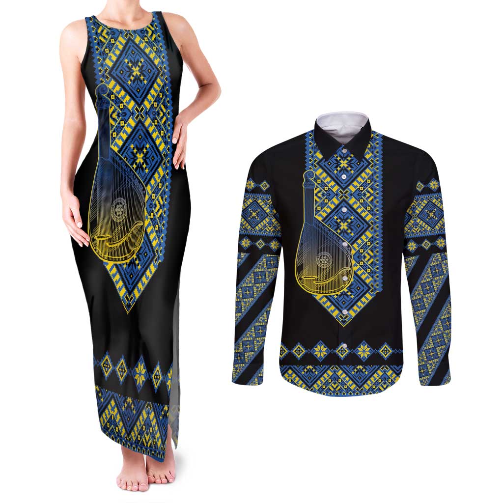 Ukraine Bandura Vyshyvanka Pattern Couples Matching Tank Maxi Dress and Long Sleeve Button Shirt Ukrainian Heritage Folk Black Version - Wonder Print Shop
