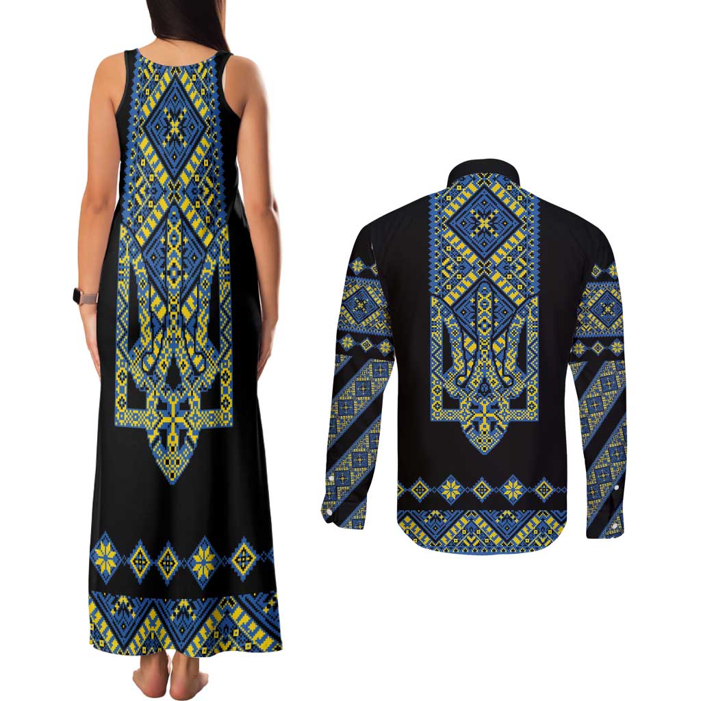 Ukraine Bandura Vyshyvanka Pattern Couples Matching Tank Maxi Dress and Long Sleeve Button Shirt Ukrainian Heritage Folk Black Version - Wonder Print Shop