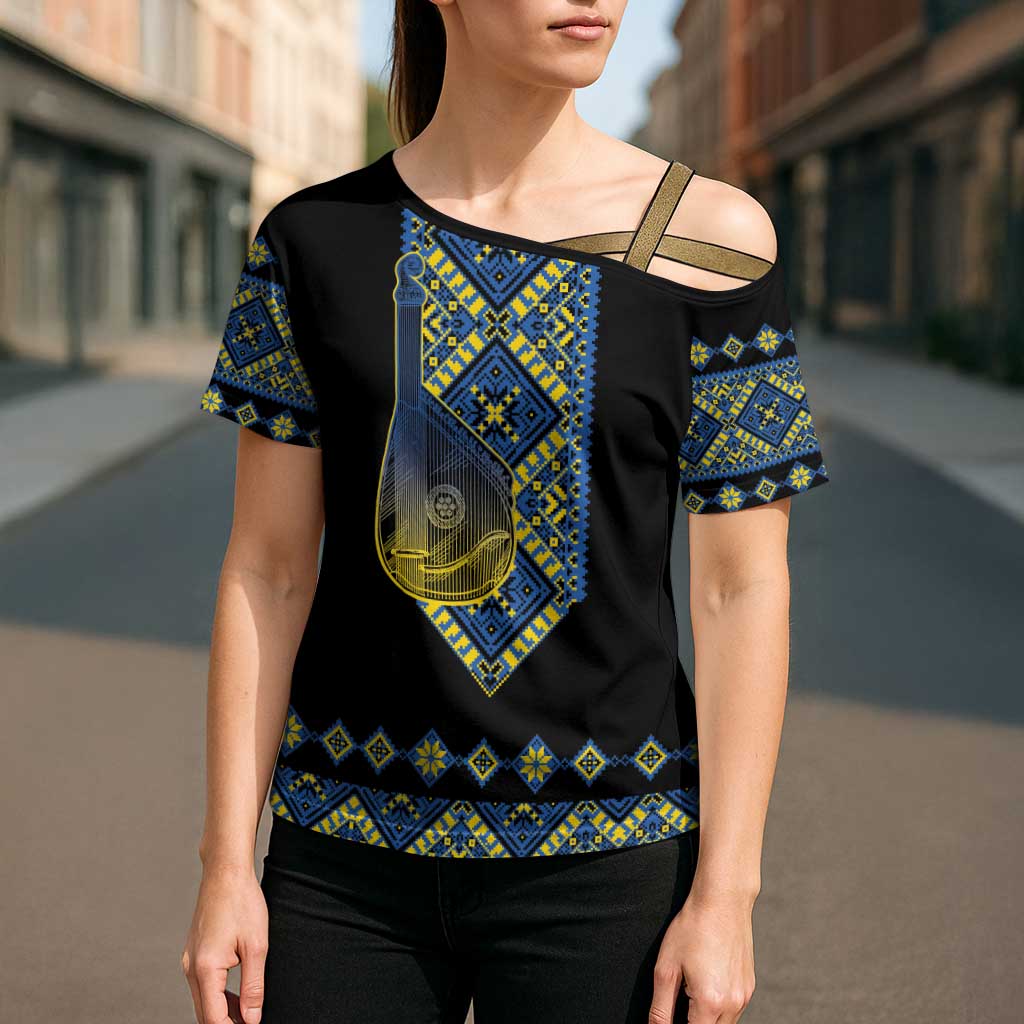 Ukraine Bandura Vyshyvanka Pattern Cross Shoulder Shirt Ukrainian Heritage Folk Black Version - Wonder Print Shop