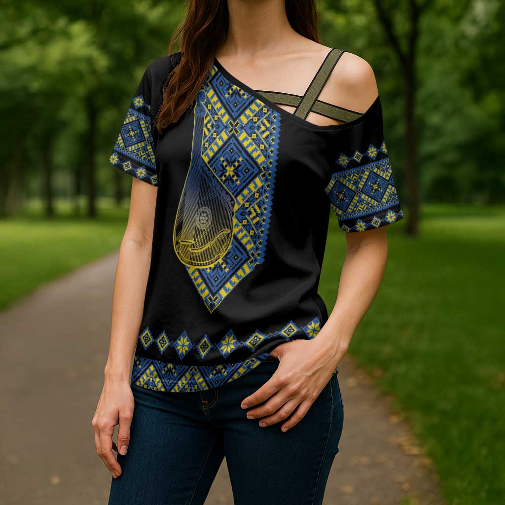 Ukraine Bandura Vyshyvanka Pattern Cross Shoulder Shirt Ukrainian Heritage Folk Black Version - Wonder Print Shop