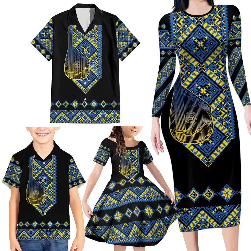 Ukraine Bandura Vyshyvanka Pattern Family Matching Long Sleeve Bodycon Dress and Hawaiian Shirt Ukrainian Heritage Folk Black Version