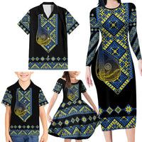 Ukraine Bandura Vyshyvanka Pattern Family Matching Long Sleeve Bodycon Dress and Hawaiian Shirt Ukrainian Heritage Folk Black Version