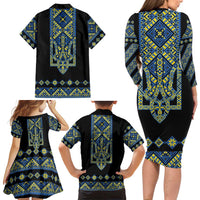 Ukraine Bandura Vyshyvanka Pattern Family Matching Long Sleeve Bodycon Dress and Hawaiian Shirt Ukrainian Heritage Folk Black Version