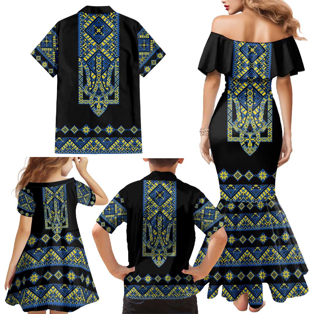 Ukraine Bandura Vyshyvanka Pattern Family Matching Mermaid Dress and Hawaiian Shirt Ukrainian Heritage Folk Black Version