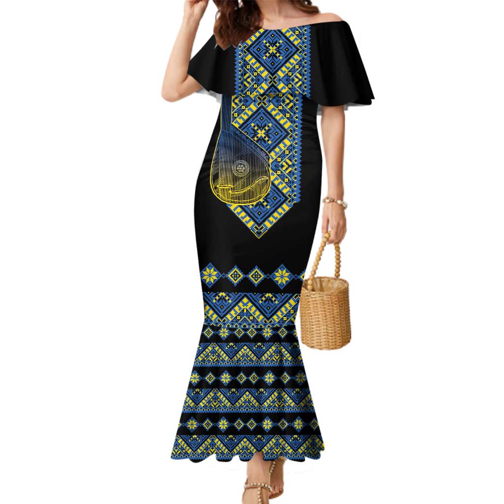 Ukraine Bandura Vyshyvanka Pattern Family Matching Mermaid Dress and Hawaiian Shirt Ukrainian Heritage Folk Black Version