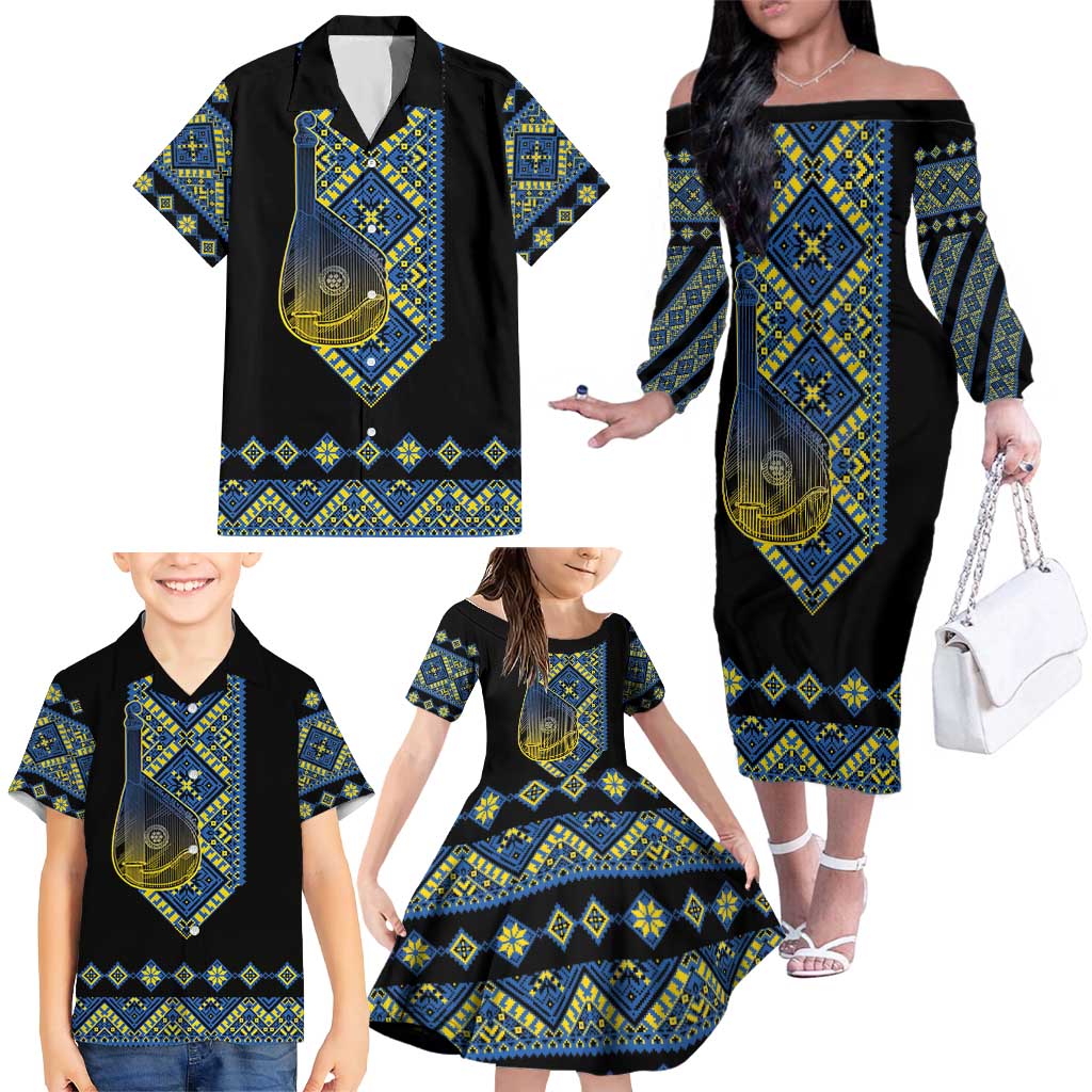 Ukraine Bandura Vyshyvanka Pattern Family Matching Off The Shoulder Long Sleeve Dress and Hawaiian Shirt Ukrainian Heritage Folk Black Version