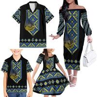 Ukraine Bandura Vyshyvanka Pattern Family Matching Off The Shoulder Long Sleeve Dress and Hawaiian Shirt Ukrainian Heritage Folk Black Version