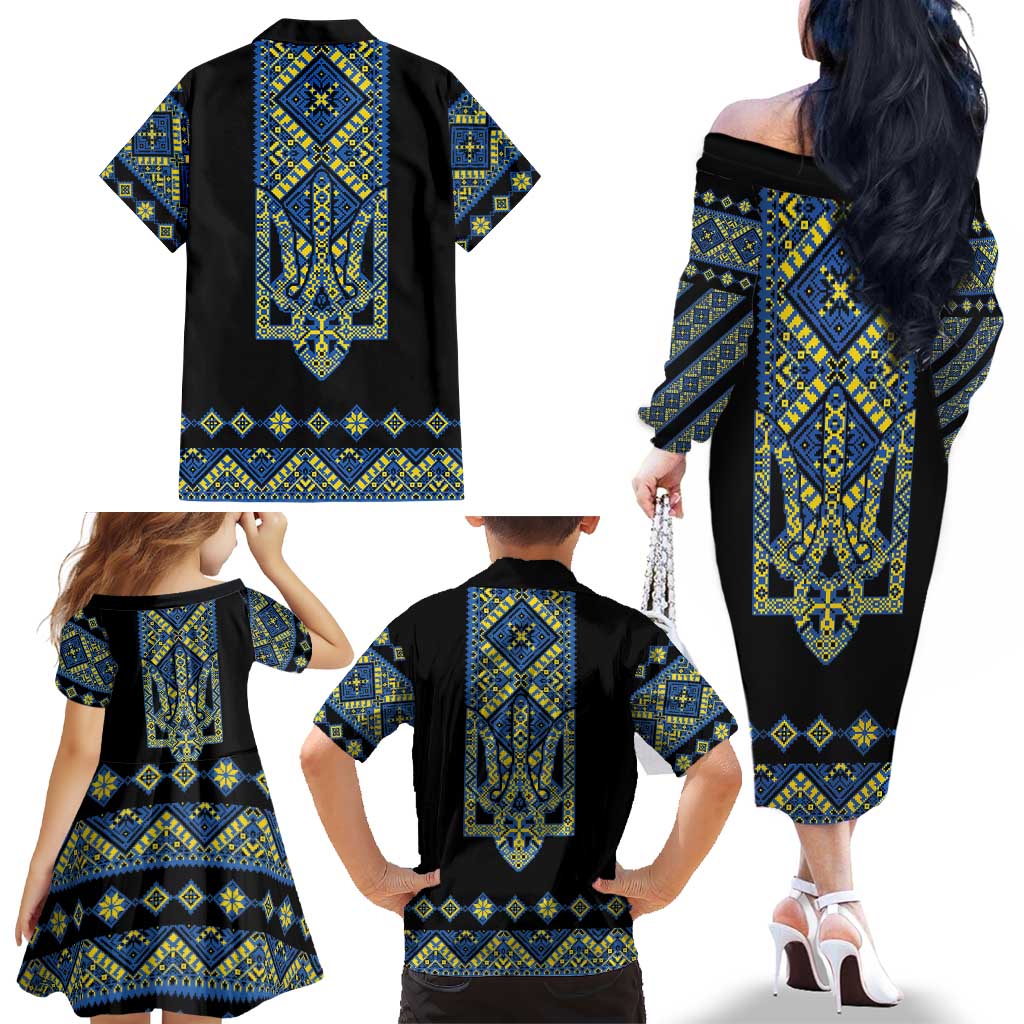 Ukraine Bandura Vyshyvanka Pattern Family Matching Off The Shoulder Long Sleeve Dress and Hawaiian Shirt Ukrainian Heritage Folk Black Version