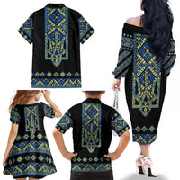 Ukraine Bandura Vyshyvanka Pattern Family Matching Off The Shoulder Long Sleeve Dress and Hawaiian Shirt Ukrainian Heritage Folk Black Version