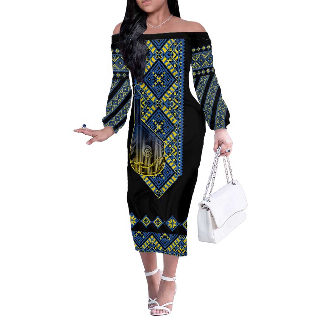 Ukraine Bandura Vyshyvanka Pattern Family Matching Off The Shoulder Long Sleeve Dress and Hawaiian Shirt Ukrainian Heritage Folk Black Version