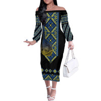 Ukraine Bandura Vyshyvanka Pattern Family Matching Off The Shoulder Long Sleeve Dress and Hawaiian Shirt Ukrainian Heritage Folk Black Version