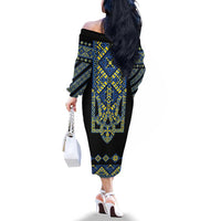 Ukraine Bandura Vyshyvanka Pattern Family Matching Off The Shoulder Long Sleeve Dress and Hawaiian Shirt Ukrainian Heritage Folk Black Version
