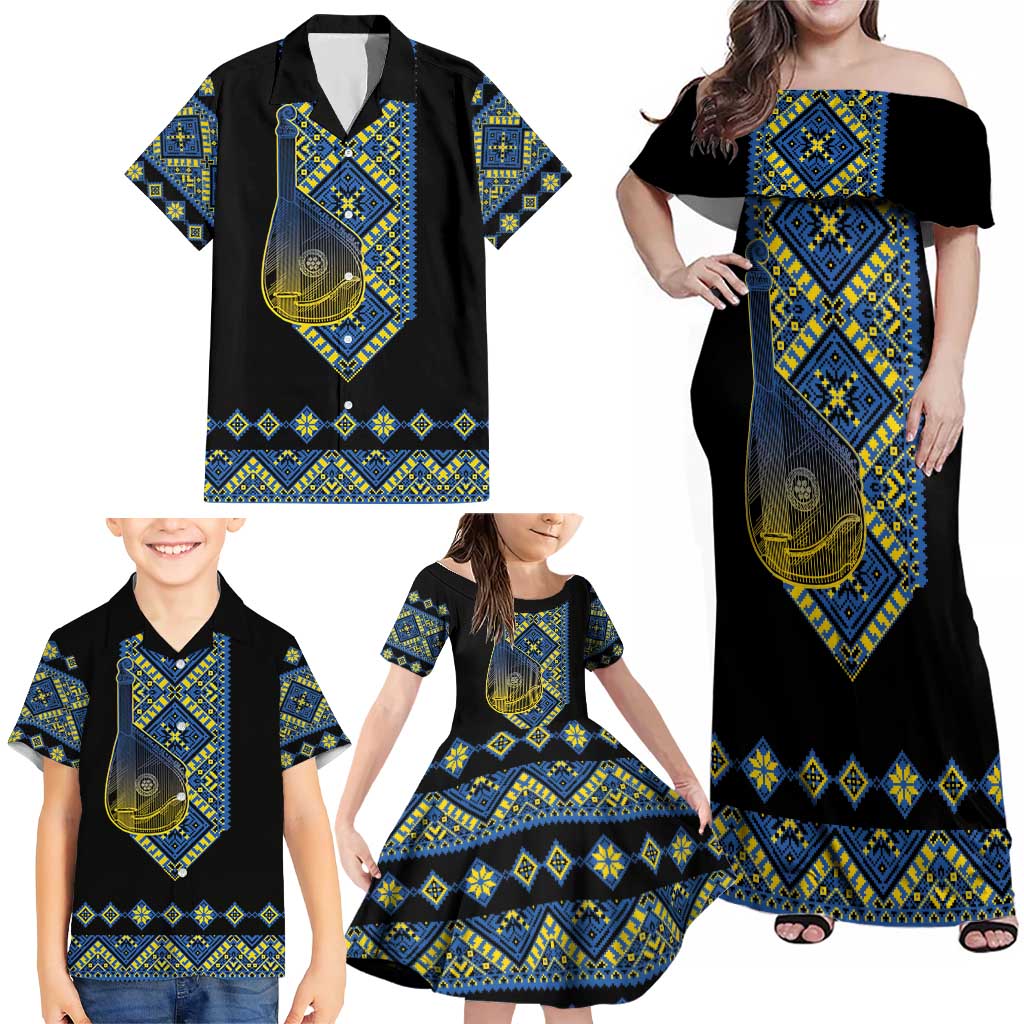 Ukraine Bandura Vyshyvanka Pattern Family Matching Off Shoulder Maxi Dress and Hawaiian Shirt Ukrainian Heritage Folk Black Version