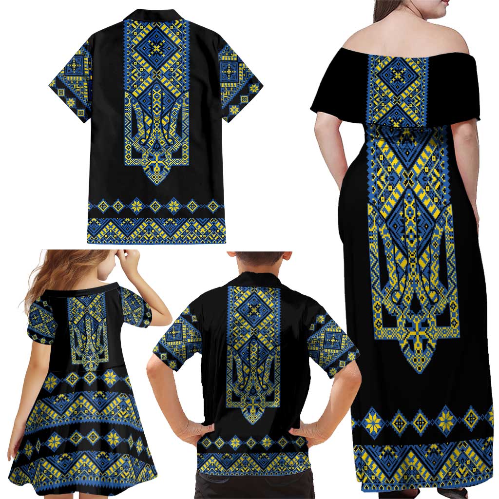 Ukraine Bandura Vyshyvanka Pattern Family Matching Off Shoulder Maxi Dress and Hawaiian Shirt Ukrainian Heritage Folk Black Version