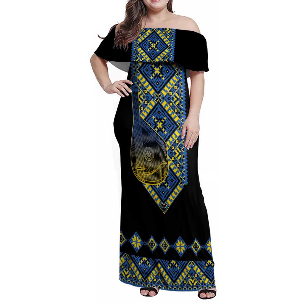 Ukraine Bandura Vyshyvanka Pattern Family Matching Off Shoulder Maxi Dress and Hawaiian Shirt Ukrainian Heritage Folk Black Version
