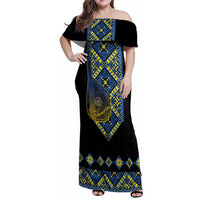 Ukraine Bandura Vyshyvanka Pattern Family Matching Off Shoulder Maxi Dress and Hawaiian Shirt Ukrainian Heritage Folk Black Version