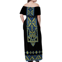 Ukraine Bandura Vyshyvanka Pattern Family Matching Off Shoulder Maxi Dress and Hawaiian Shirt Ukrainian Heritage Folk Black Version