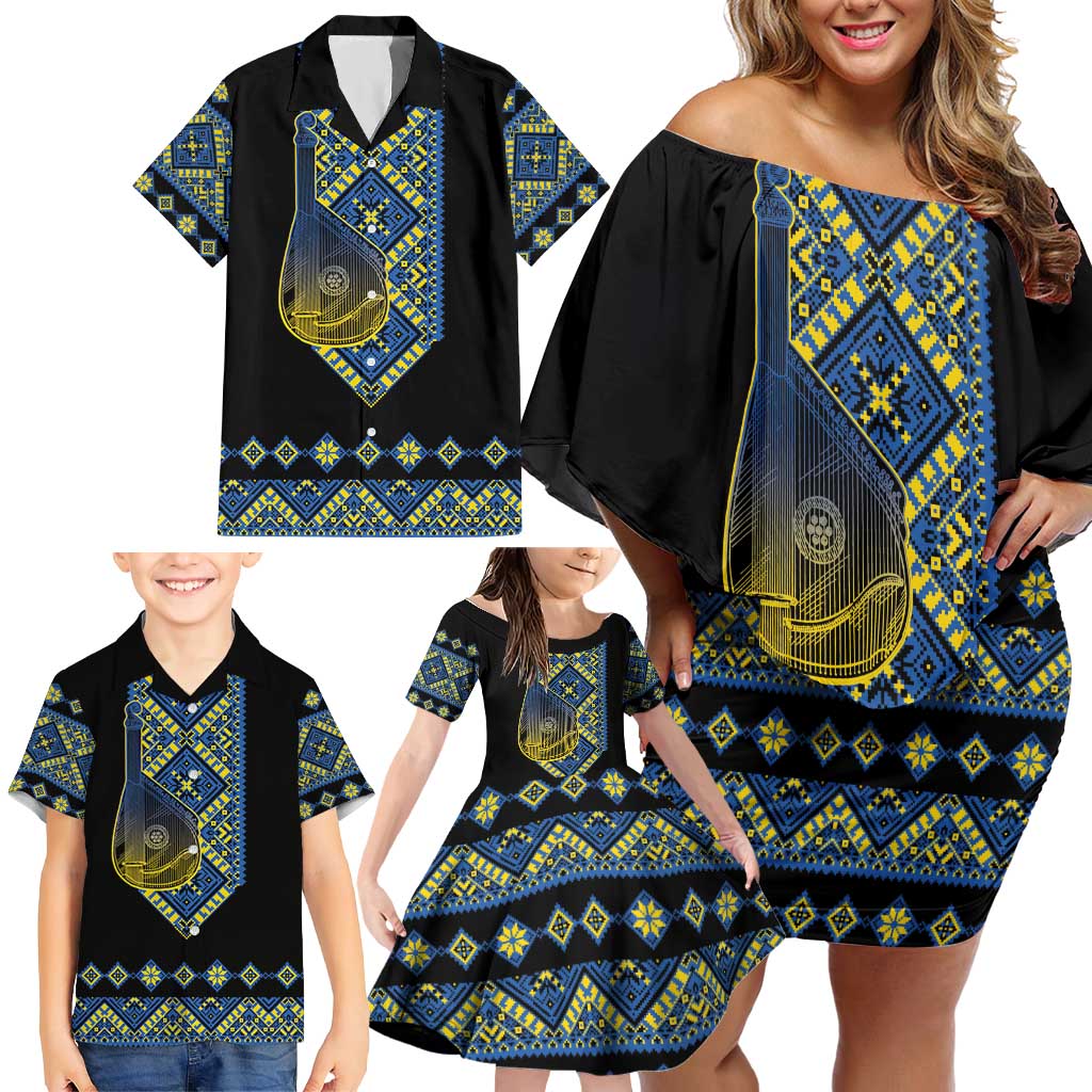 Ukraine Bandura Vyshyvanka Pattern Family Matching Off Shoulder Short Dress and Hawaiian Shirt Ukrainian Heritage Folk Black Version