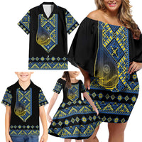 Ukraine Bandura Vyshyvanka Pattern Family Matching Off Shoulder Short Dress and Hawaiian Shirt Ukrainian Heritage Folk Black Version