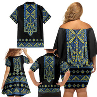 Ukraine Bandura Vyshyvanka Pattern Family Matching Off Shoulder Short Dress and Hawaiian Shirt Ukrainian Heritage Folk Black Version