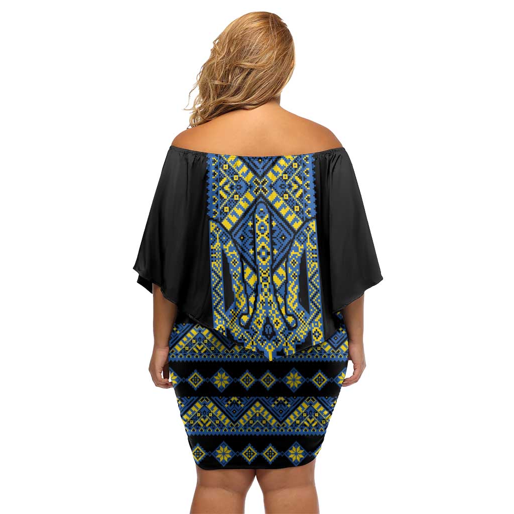 Ukraine Bandura Vyshyvanka Pattern Family Matching Off Shoulder Short Dress and Hawaiian Shirt Ukrainian Heritage Folk Black Version
