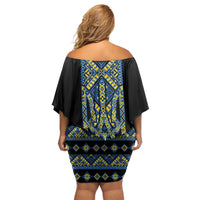 Ukraine Bandura Vyshyvanka Pattern Family Matching Off Shoulder Short Dress and Hawaiian Shirt Ukrainian Heritage Folk Black Version