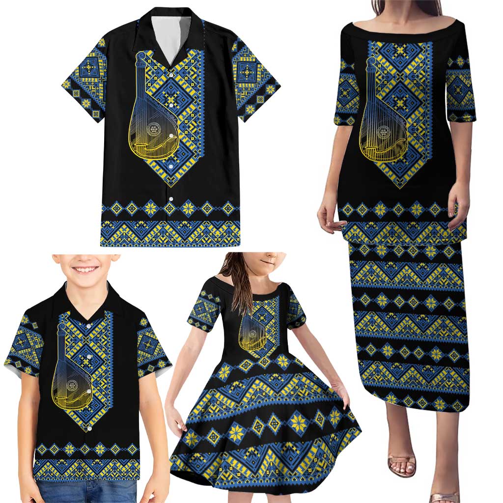 Ukraine Bandura Vyshyvanka Pattern Family Matching Puletasi and Hawaiian Shirt Ukrainian Heritage Folk Black Version
