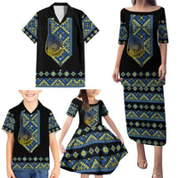 Ukraine Bandura Vyshyvanka Pattern Family Matching Puletasi and Hawaiian Shirt Ukrainian Heritage Folk Black Version